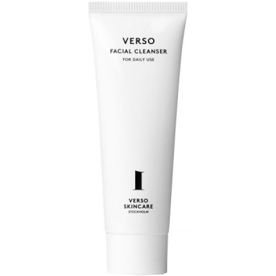 White tube of VERSO Facial Cleanser, 4 fl. oz, featuring minimalist black text and a sleek design, labeled for daily use by Verso Skincare, with a Stockholm origin.