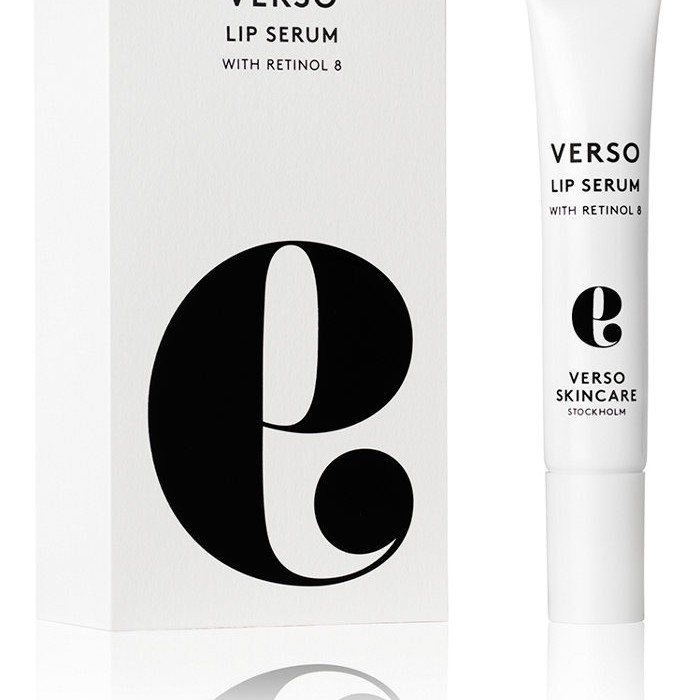 White tube of VERSO SKINCARE Lip Serum with black text, featuring a prominent "e" logo, alongside a matching white box with minimalist design and bold black lettering.