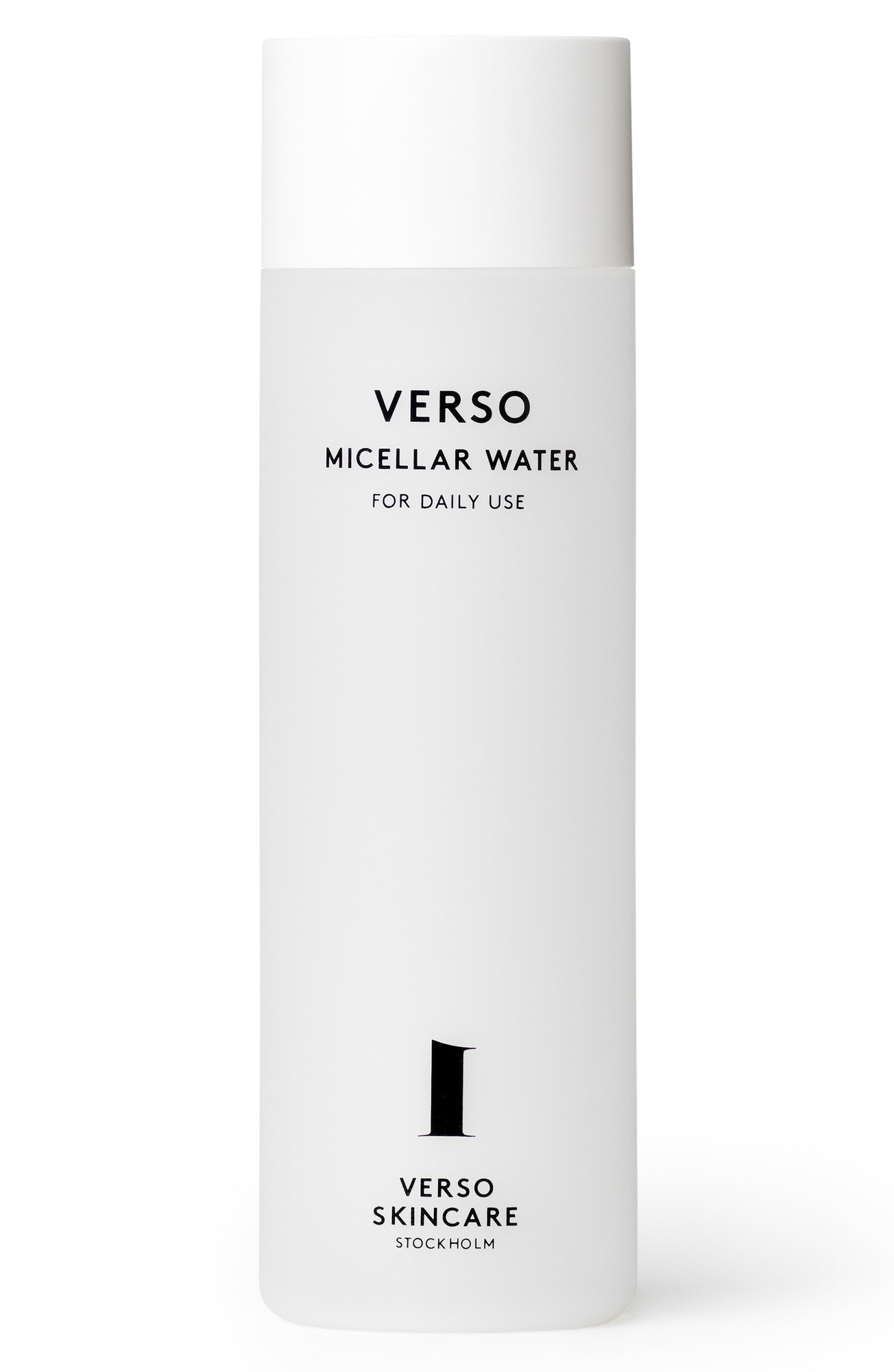 Clear, frosted bottle of VERSO SKINCARE Micellar Water, featuring a sleek design with black text and a minimalist logo, labeled for daily use.