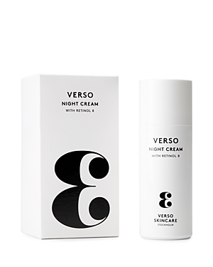 White cylindrical bottle with black text reading "VERSO NIGHT CREAM with Retinol 8," alongside a matching white box featuring a large black "8" design.