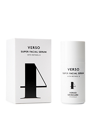 White cylindrical bottle with a pump top, labeled "VERSO SUPER FACIAL SERUM" in bold black letters, accompanied by a sleek white box featuring a minimalist design and black accents.