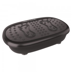 Black vibration plate with textured surface for grip, featuring foot imprints, five muscle modes, Bluetooth connectivity, and resistance bands for a complete workout.