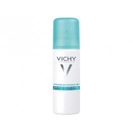 Vichy 48 Hr 'No Trace' Aerosol Anti-Perspirant in a sleek white canister with a light blue cap, designed for sensitive skin, promoting no white marks or stiff clothing.