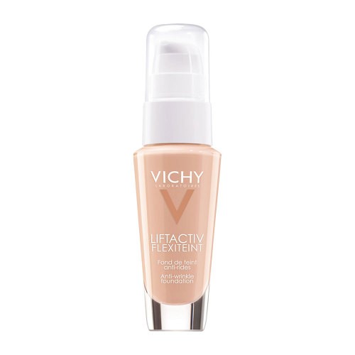 Vichy Liftactiv Flexiteint foundation in shade 25 Nude, 30 ml, features a sleek glass bottle with a pump dispenser, showcasing a light beige liquid inside.