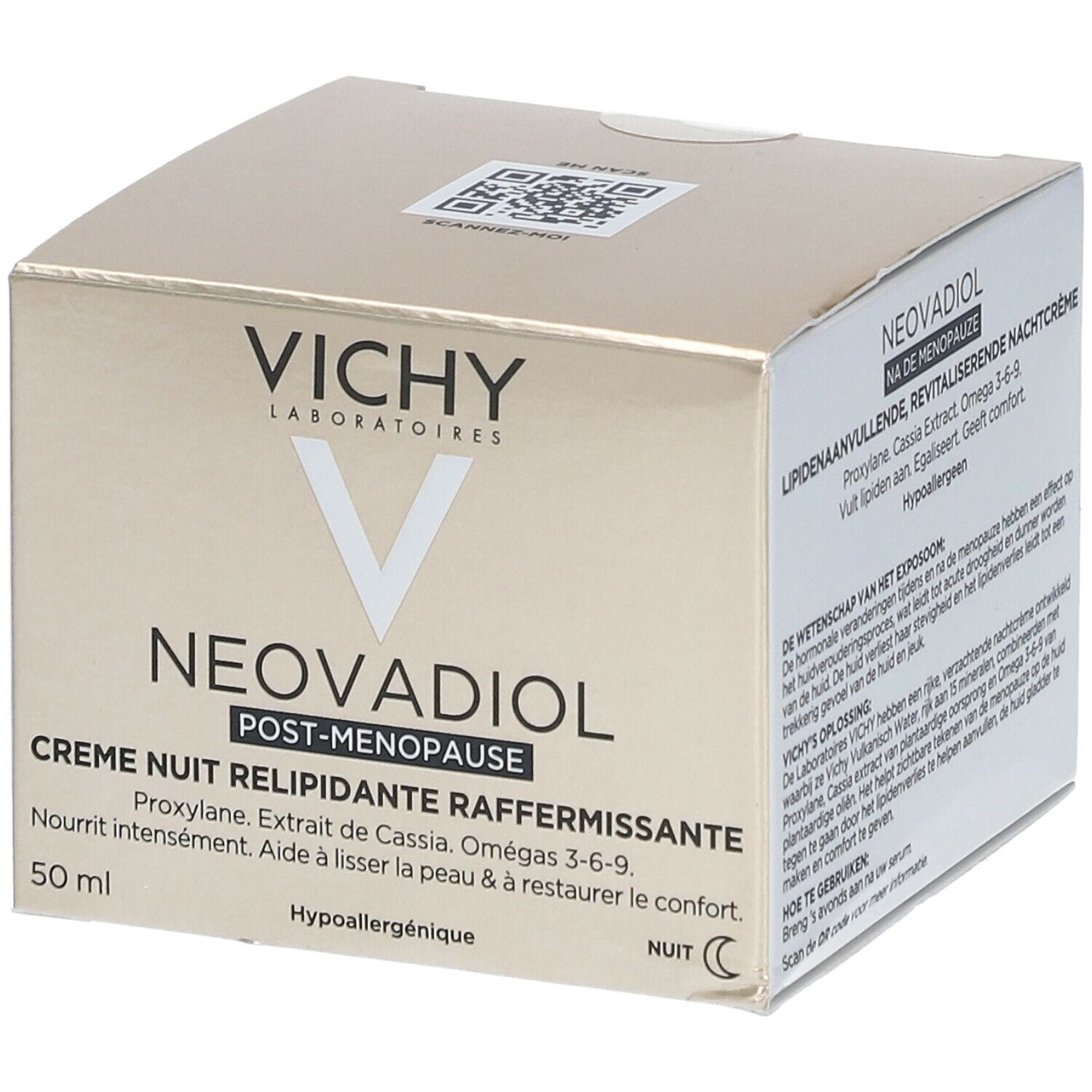 Vichy Neovadiol Post-Menopause Night Cream box, featuring a gold and white design with the brand name and product details prominently displayed, 50 ml size, hypoallergenic label visible.