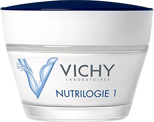 Vichy Nutrilogie 1 Intense Cream in a clear jar with a blue lid, labeled for dry skin, contains 50ml/1.69oz of moisturizing cream.