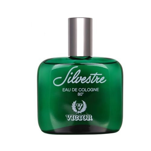 Green glass bottle of Victor Silvestre Eau De Cologne, featuring a silver cap, elegant script label, and a classic design, containing 400ml of fragrance.