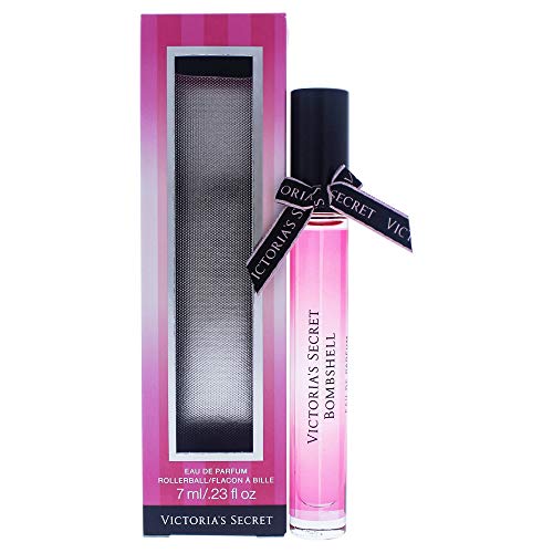 Victoria's Secret Bombshell Rollerball Eau De Parfum in a clear glass bottle with a pink gradient, featuring a black ribbon and a pink striped box packaging.
