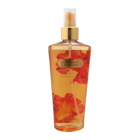 Clear bottle filled with golden liquid, featuring vibrant orange and red floral graphics, topped with a gold spray nozzle, labeled "Coconut Passion" in elegant font.