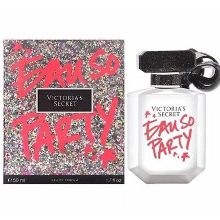 White bottle with a black cap, featuring a bold pink label that reads "Eau So Party," alongside a glittery, colorful box with the same text.