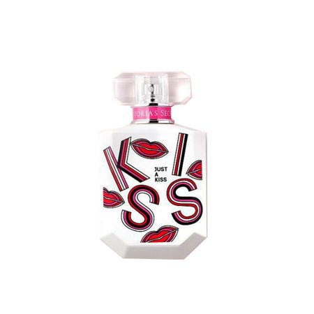 Clear glass perfume bottle with a geometric shape, featuring a pink cap and bold red lips design, labeled "JUST A KISS" in stylized letters, containing 1.7 oz of EDP spray.