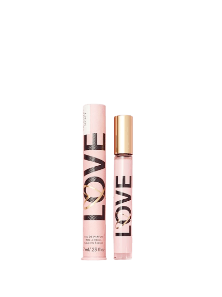 Pink cylindrical perfume bottle with a gold cap, accompanied by a matching pink box featuring bold black text spelling "LOVE," both showcasing a sleek and elegant design.