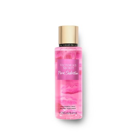 Clear plastic bottle filled with pink fragrance mist, featuring a gold cap and labeled "Victoria's Secret Pure Seduction," 250ml size.