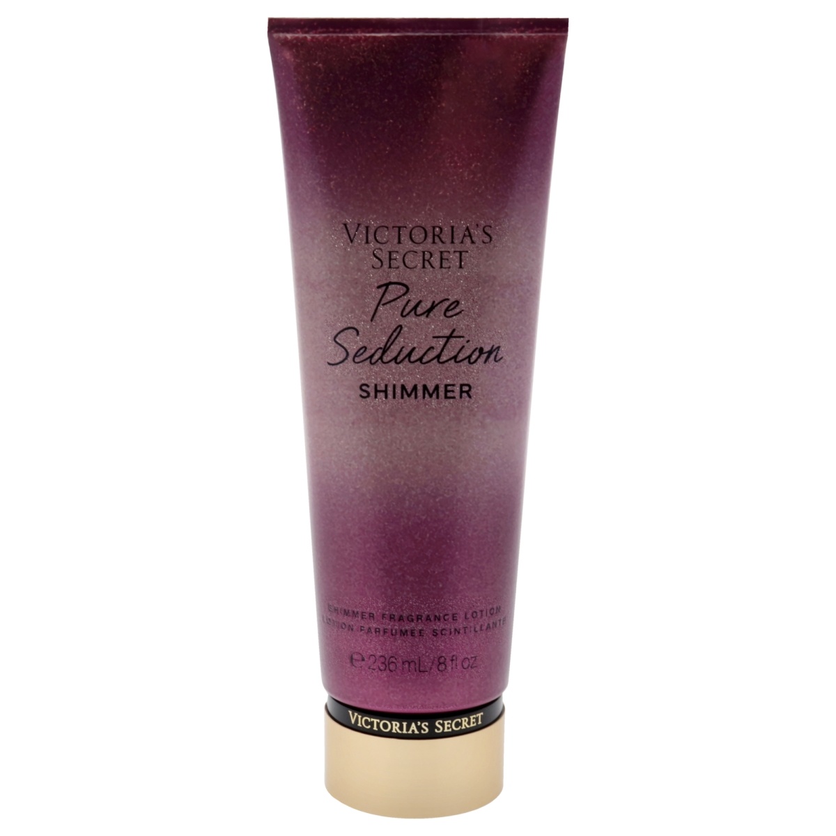 Victoria's Secret Pure Seduction Shimmer Fragrance Lotion in a 236ml tube, featuring a gradient purple design with gold accents and elegant black text.