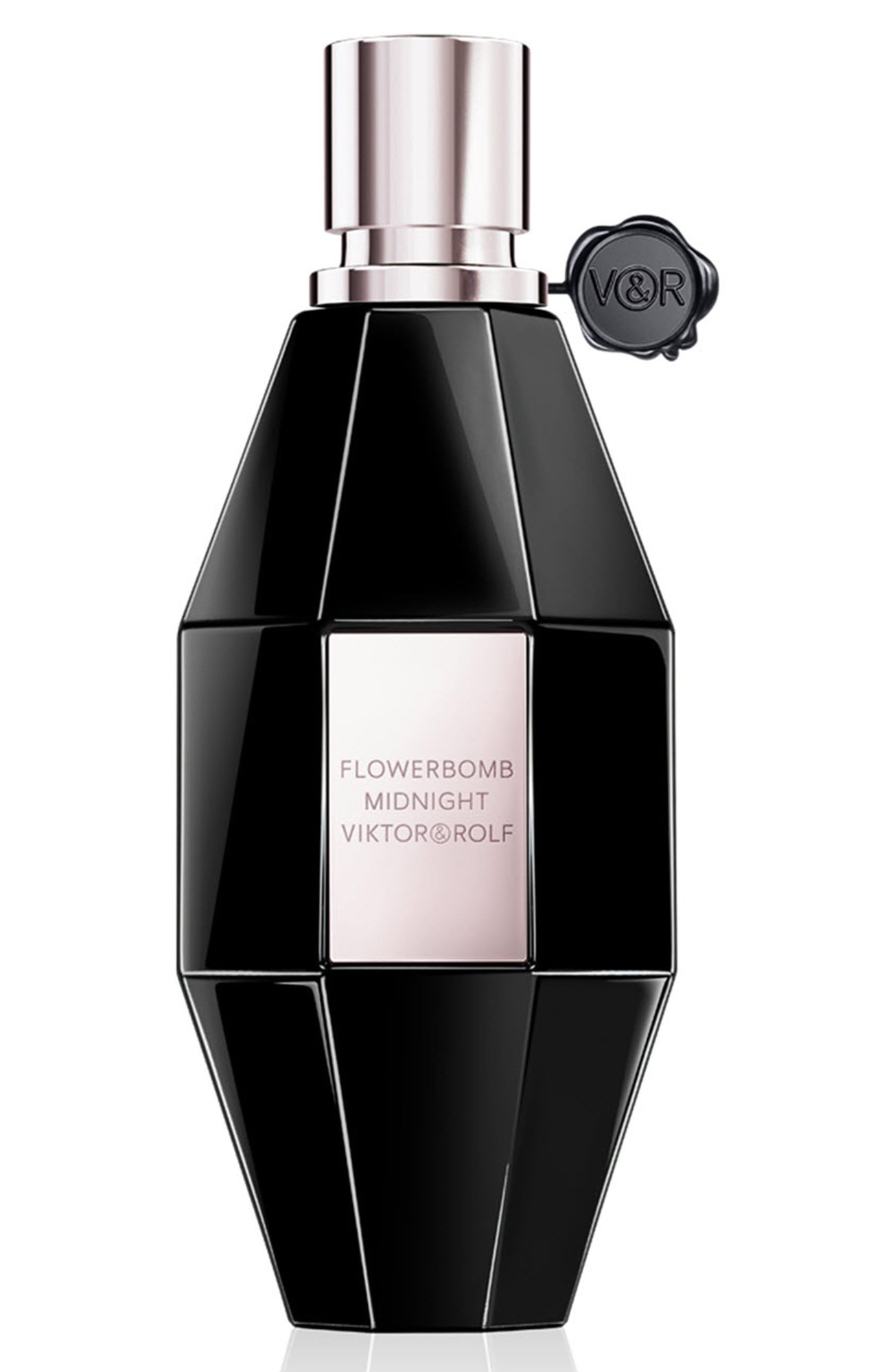 Black geometric bottle with a silver cap, featuring a pink label that reads "Flowerbomb Midnight Viktor&Rolf," exuding a luxurious and elegant design.