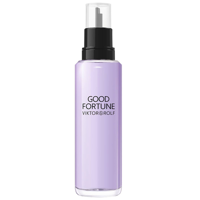 Lavender glass bottle with a sleek design, featuring a black pump top and the label "GOOD FORTUNE VIKTOR&ROLF" in bold black text.