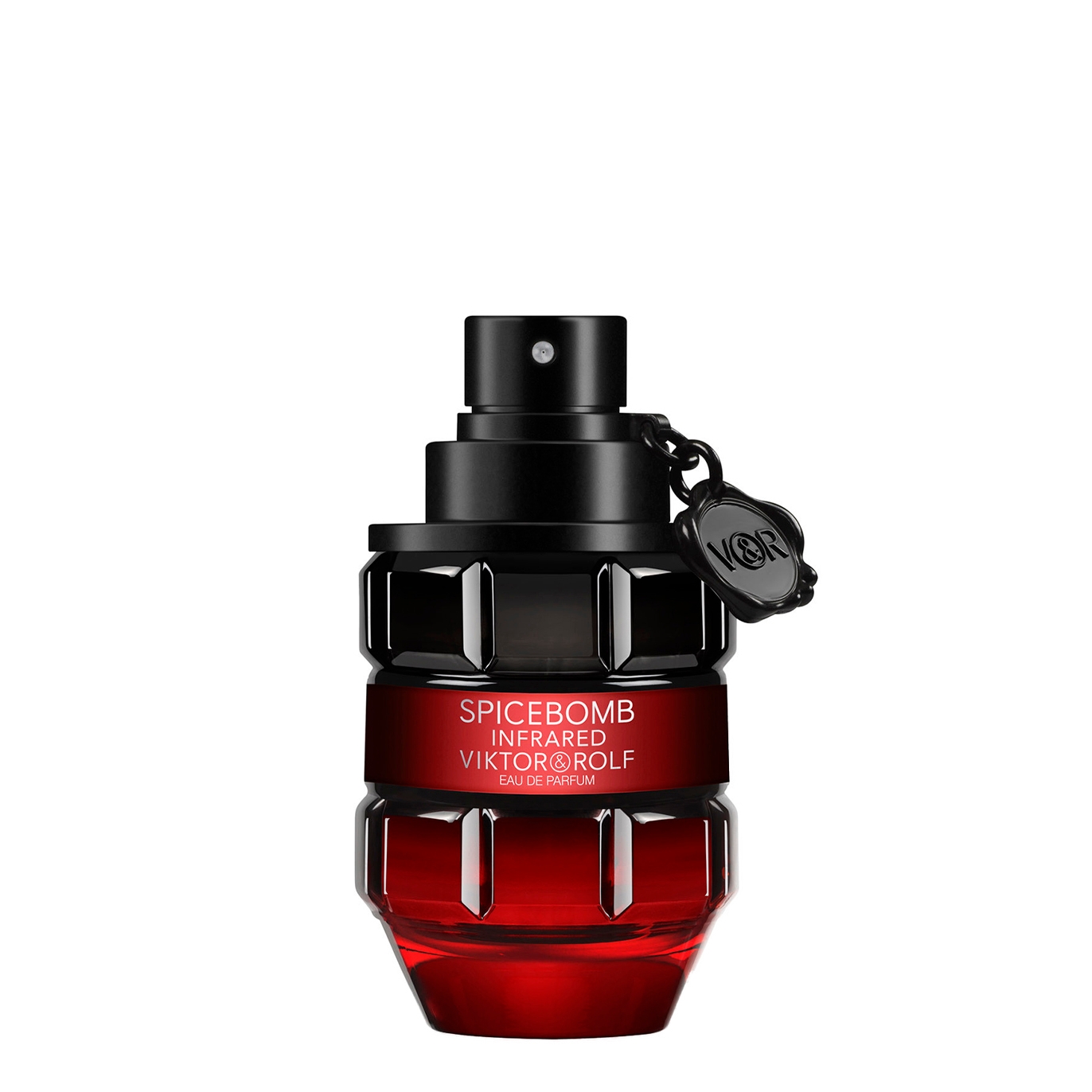 Viktor&rolf Spicebomb Infrared Eau De Parfum in a striking red and black grenade-shaped bottle, featuring a black cap and a charm with the brand logo.