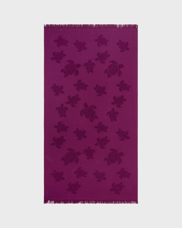 Purple organic cotton beach towel featuring a jacquard pattern of turtles, with fringed edges, designed by Vilebrequin, size OSFA.