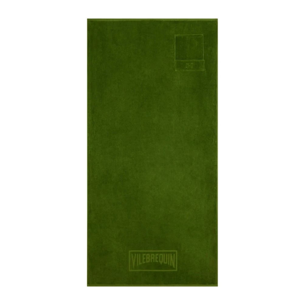 Green Sapock Beach Towel by Vilebrequin, made of soft material, featuring a simple design with a logo at the bottom and a small square label in the corner, one size.