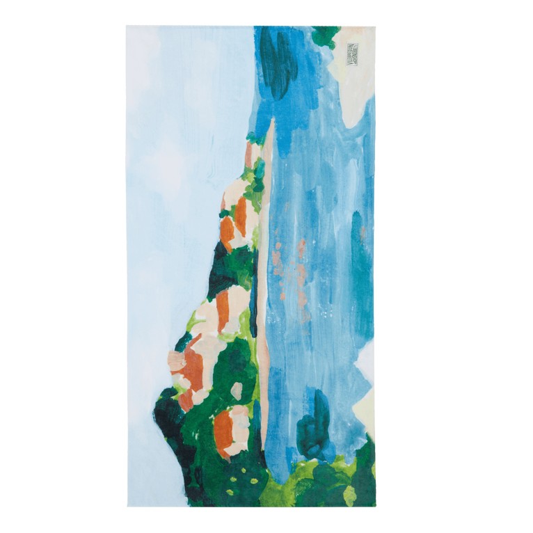 Organic cotton towel featuring a vibrant blue landscape design with green and orange accents, part of the Vilebrequin X Highsnobiety collaboration, size OSFA.