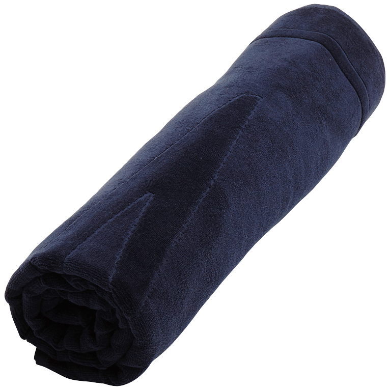 Solid blue organic cotton beach towel, rolled up, featuring a soft texture and a simple design, ideal for sandy beach outings. Size OSFA.