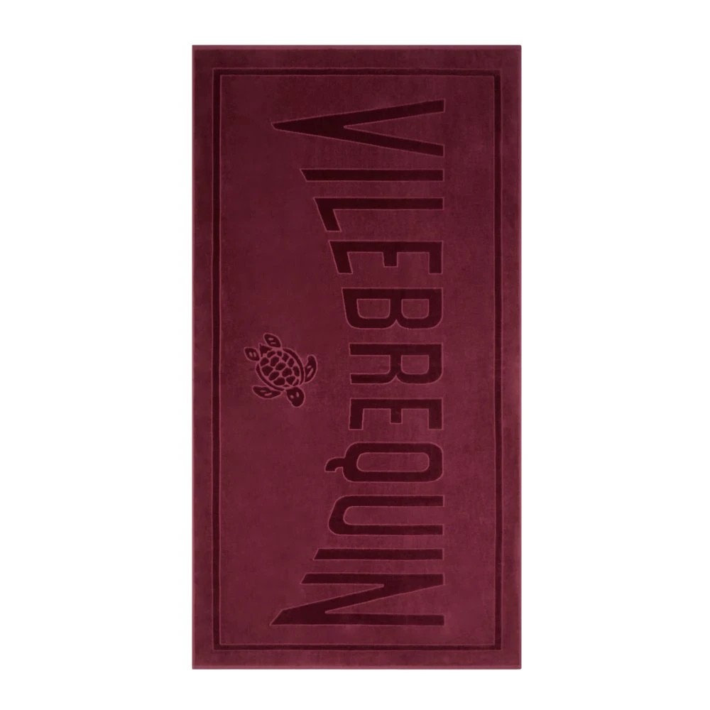 Solid red organic cotton beach towel featuring an embossed "VILEBREQUIN" logo and a turtle design, measuring OSFA, ideal for beach or pool use.