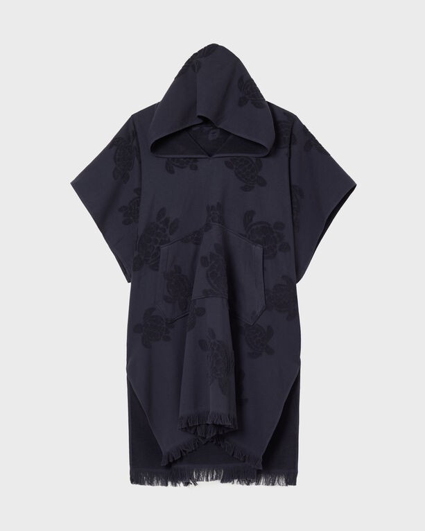 Blue terry poncho by Vilebrequin featuring a hood, floral pattern, front pocket, and fringed hem, designed in a one-size-fits-all style.