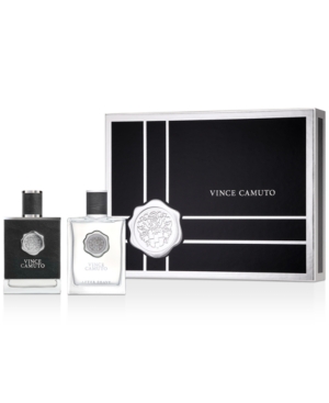 Vince Camuto gift set featuring a 100ml EDT in a sleek black bottle and a 100ml aftershave in a clear bottle, presented in an elegant black and silver box.