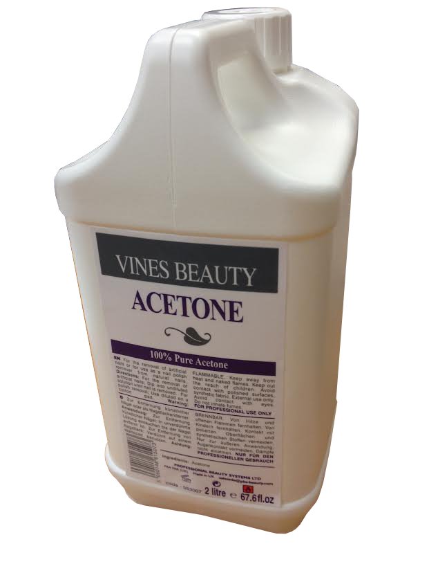 Vines Beauty Acetone in a white plastic container with a handle, labeled in purple and black, featuring "100% Pure Acetone" and a 2-liter capacity.