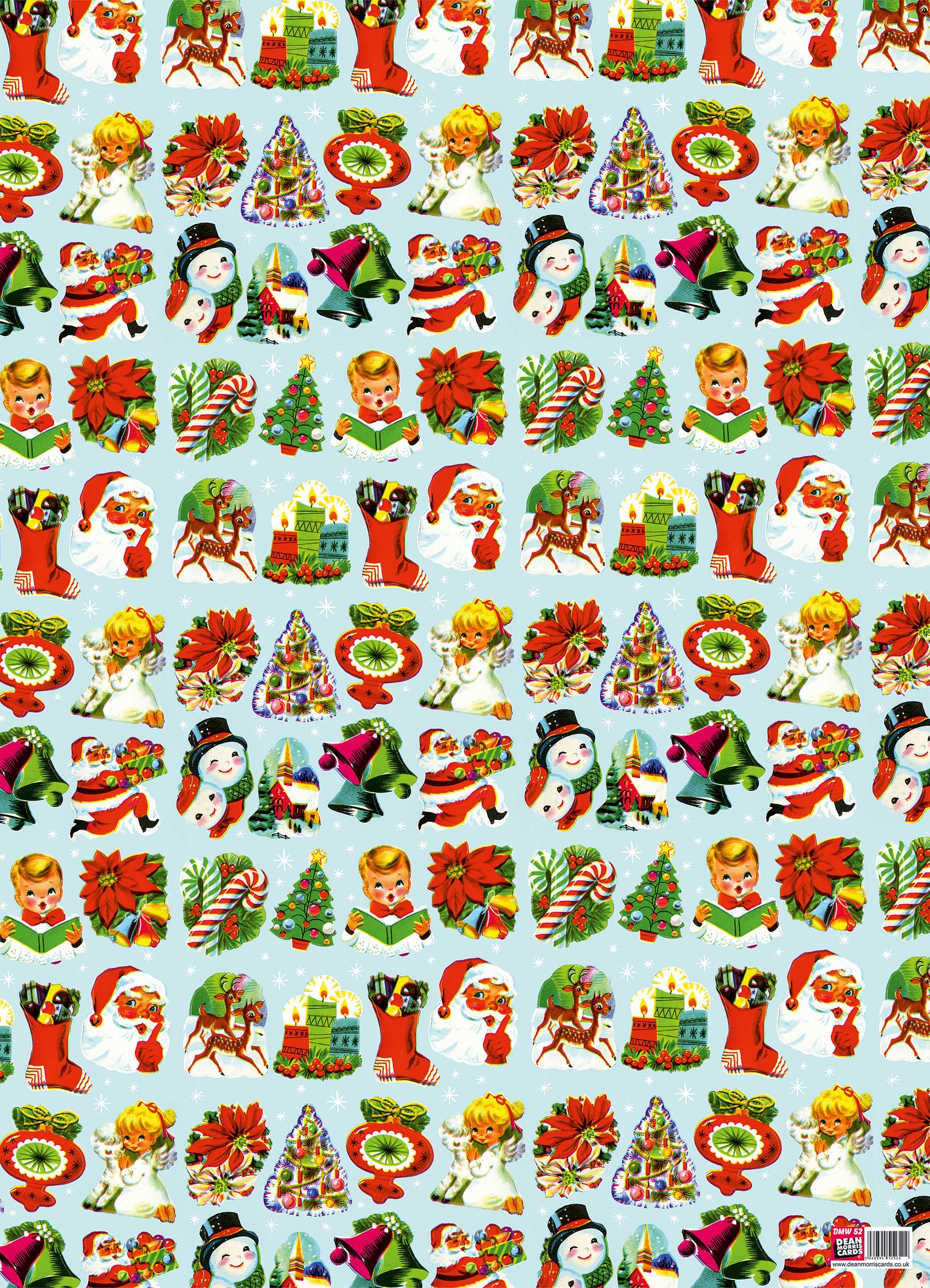 Colorful gift wrap featuring vintage festive motifs like snowmen, Christmas trees, bells, and poinsettias on a light blue background.
