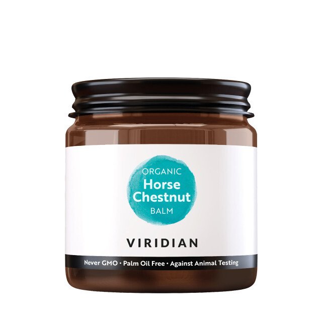 Brown glass jar with a black lid, labeled "Viridian Organic Horse Chestnut Balm 60ml," featuring a turquoise circle logo and text indicating it's palm oil free and against animal testing.
