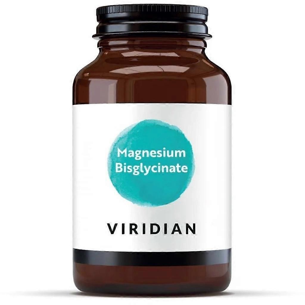 Brown glass bottle with a black lid, featuring a white label with a turquoise circle and text stating "Magnesium Bisglycinate" and "VIRIDIAN." Contains 120 capsules.