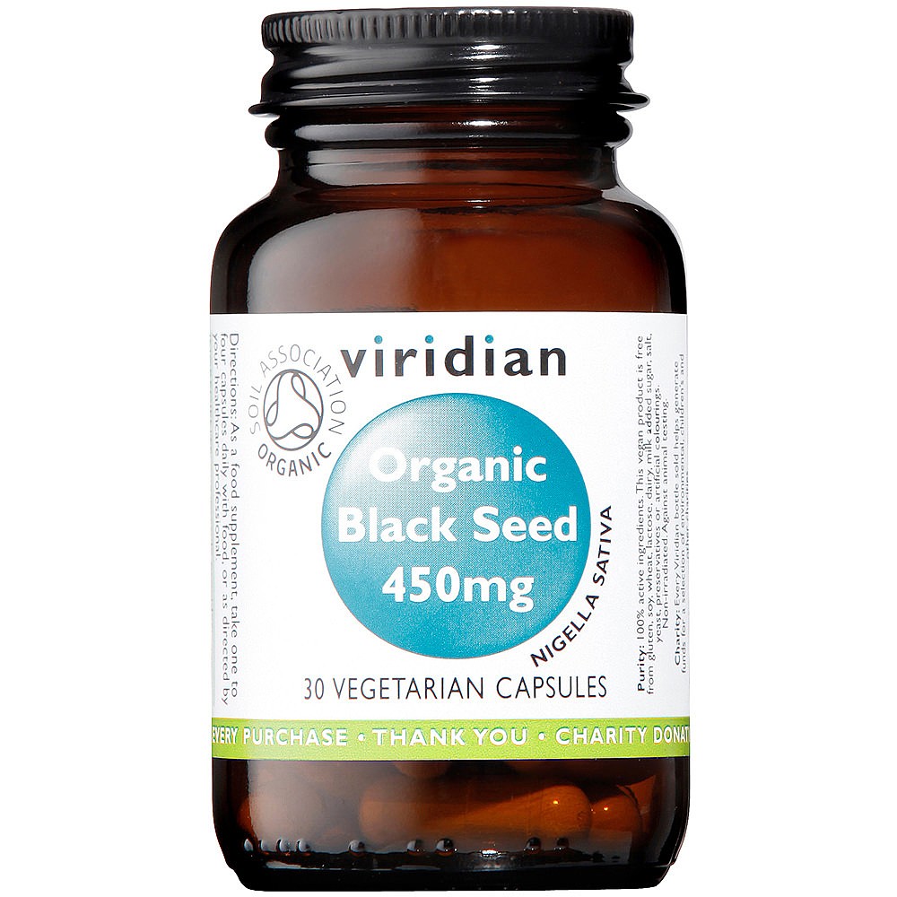 Brown glass bottle containing 30 vegetarian capsules labeled "Viridian Organic Black Seed 450mg," featuring a green and white label with a logo and charity donation note.