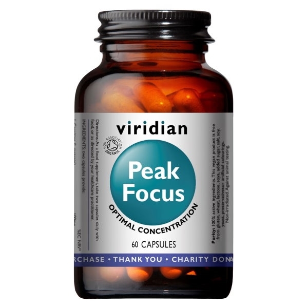Dark glass bottle labeled "Viridian Peak Focus" with a turquoise circular logo, containing 60 orange vegetable capsules, featuring a white and silver design.