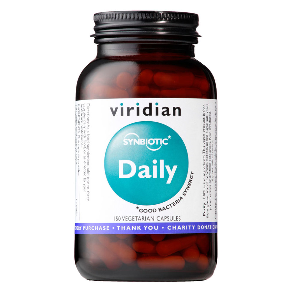 Dark amber glass bottle with a white label featuring the text "Viridian Synerbio Daily" and a turquoise circle, containing 150 red vegetarian capsules.