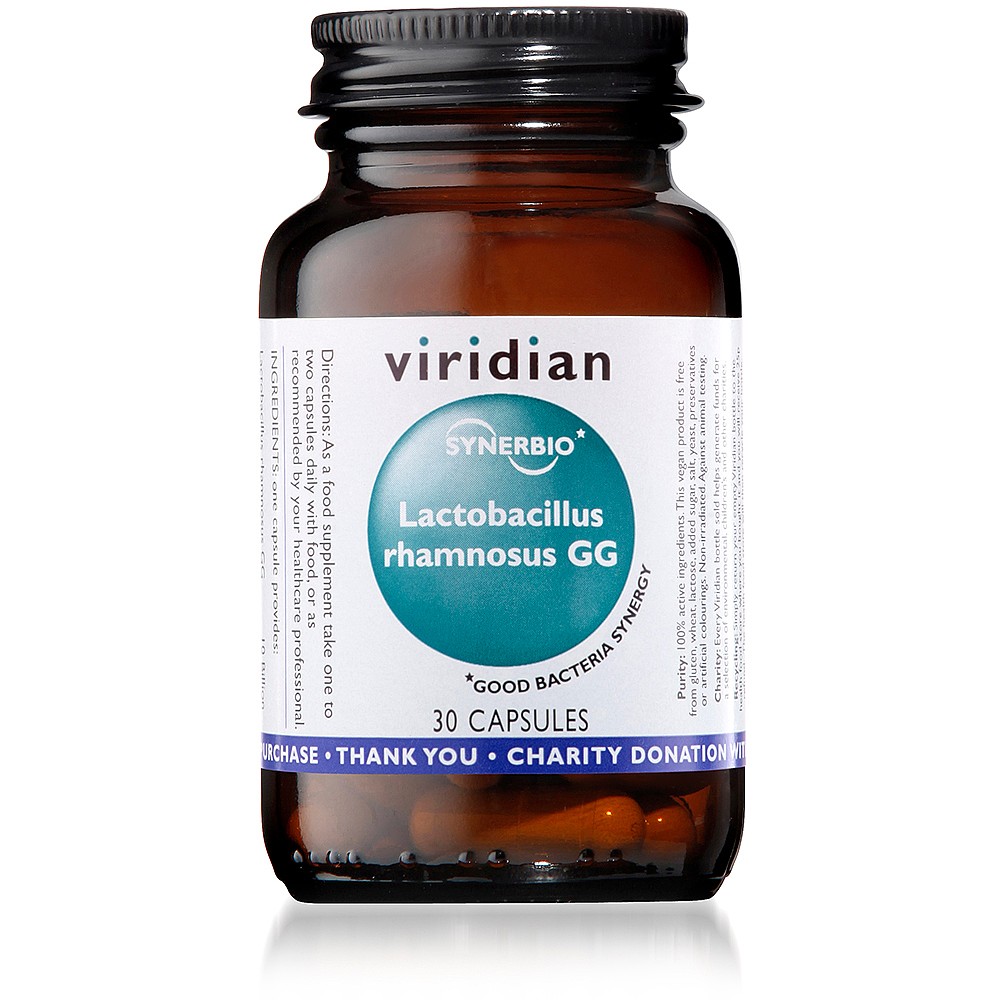 Brown glass bottle containing 30 Vegicaps of Viridian Synerbio Lactobacillus Rhamnosus GG, labeled with a blue and white design, featuring a circular logo and text on the front.