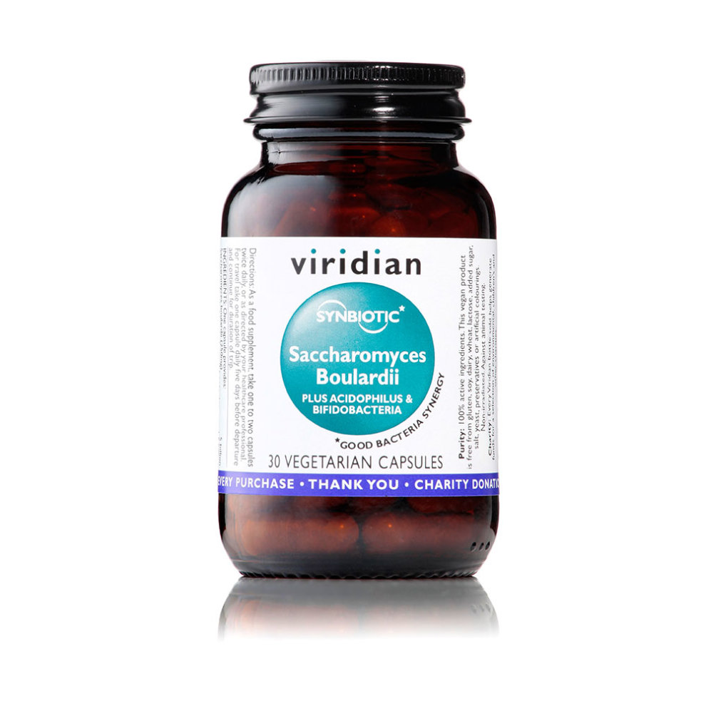 Dark amber glass bottle with a black lid, labeled "Viridian Synerbio Saccharomyces Boulardii," containing 30 vegetarian capsules, featuring a white and blue design.