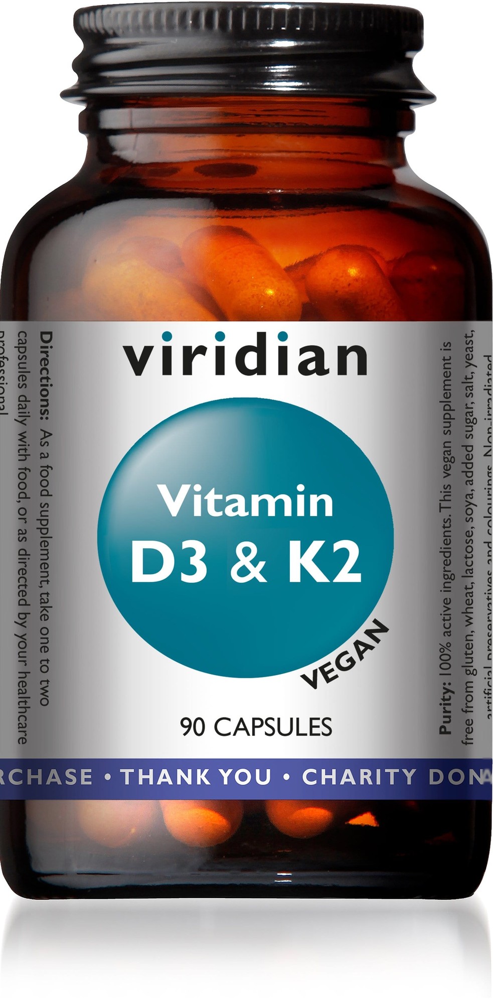 Brown glass bottle with a teal label, featuring "Viridian Vitamin D3 & K2" in white text, indicating 90 vegan capsules inside, with a note on purity and charity donation.