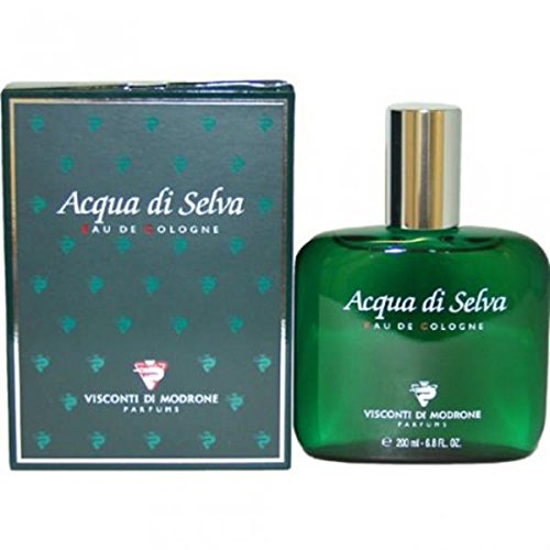 Green glass bottle of Visconti Di Modrone Acqua Di Selva Eau De Cologne, 400 ml, with a sleek design, featuring a white label with the brand name and a matching green box.