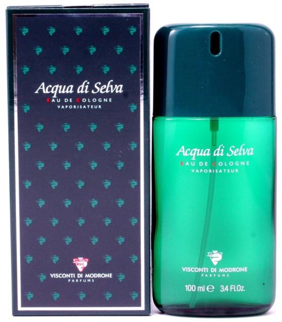 Green glass bottle of Acqua Di Selva Eau De Cologne with a dark green cap, placed next to a black box featuring the brand name in white text.