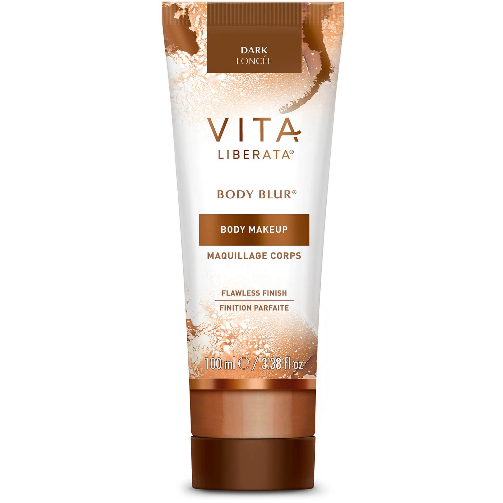 Vita Liberata Body Blur in Dark, a 100ml tube with a sleek design, features a white and gold color scheme, emphasizing a flawless finish for body makeup.