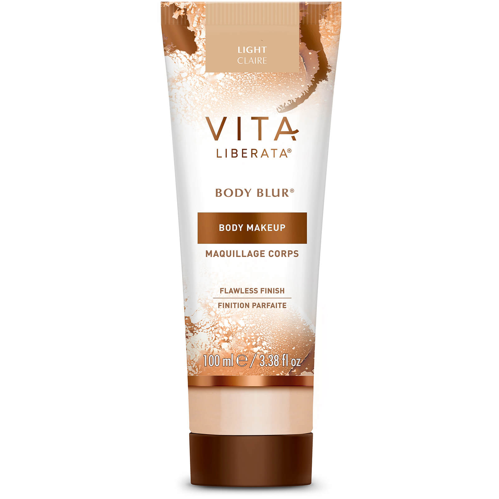 Vita Liberata Body Blur Body Makeup in a 100 ml light-colored tube with a sleek design, featuring a gold cap and elegant branding, promises a flawless finish.