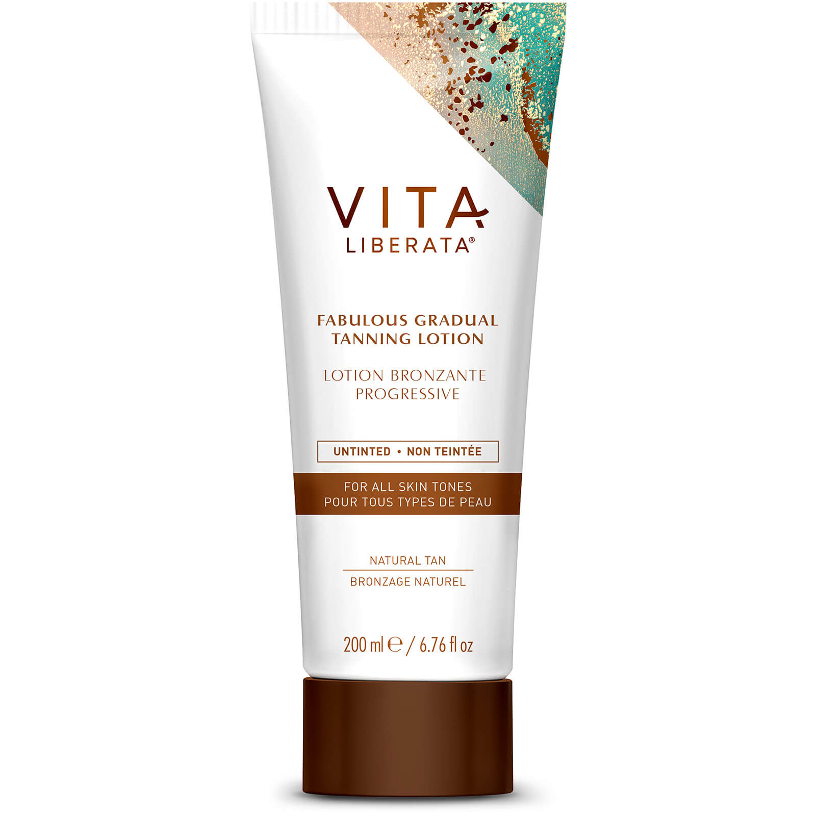White tube with a brown and turquoise design, labeled "Vita Liberata Fabulous Gradual Tanning Lotion," containing 200 ml, suitable for all skin tones.