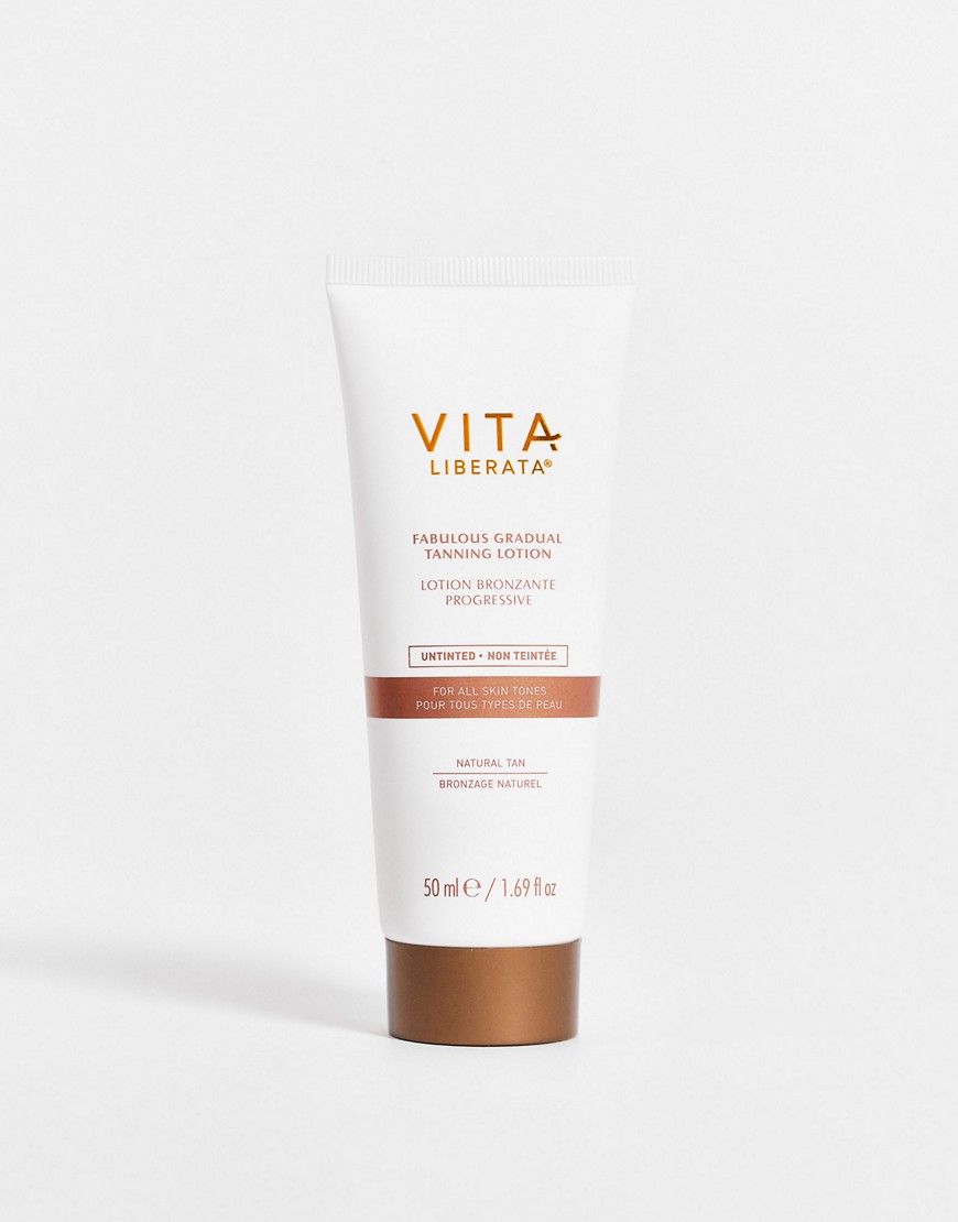 White tube with a flip cap, featuring orange and brown accents, labeled "Vita Liberata Fabulous Gradual Tanning Lotion," 50ml, with text indicating it's untinted and suitable for all skin types.
