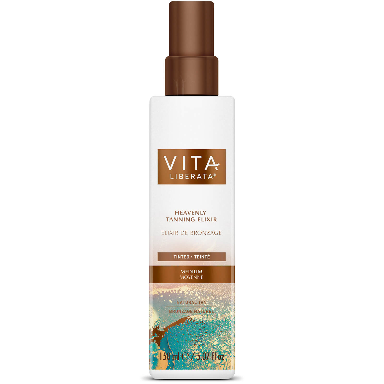 Vita Liberata Celeste Tinted Tanning Elixir in a 150ml white bottle with a brown pump, featuring a colorful design and labeled as "Medium" for a natural tan.