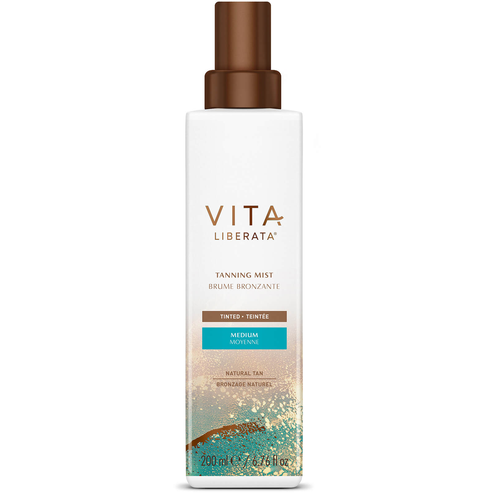 Vita Liberata Tinted Tanning Mist in a sleek white bottle with a brown pump, featuring a gradient blue and gold design, labeled "Medium" and containing 200ml.
