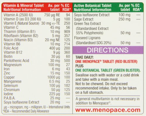 Vitabiotics Menopace Plus packaging featuring a colorful label with nutritional information, directions, and tablet details, in a rectangular box design with a red and green color scheme.