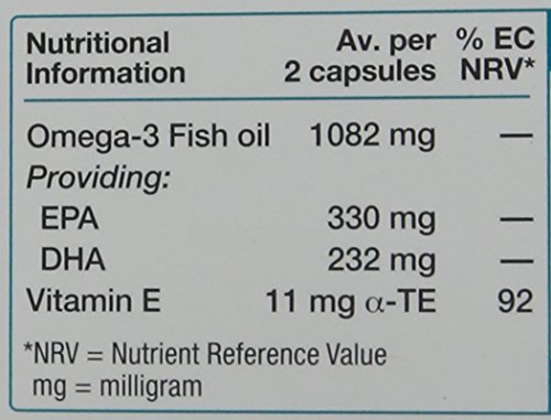 White and blue label detailing nutritional information for Ultra Omega-3 High Potency Cap by Vitabiotics, highlighting Omega-3 fish oil, EPA, DHA, and Vitamin E content.