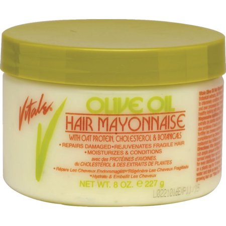 Green and white jar of Vitale Olive Oil Hair Mayonnaise with Oat Protein, 8 oz, featuring a screw-top lid and text highlighting its moisturizing and repairing properties.