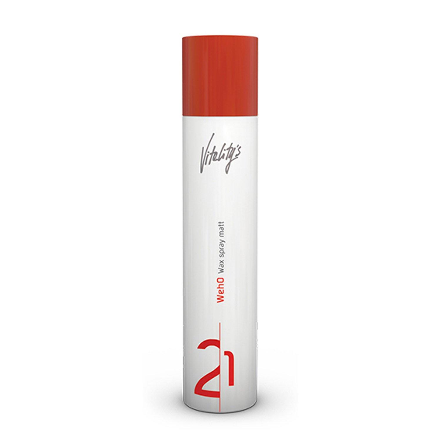 Vitalitys WehO Wax Spray in a 200ml clear bottle with a sleek white body and a vibrant orange cap, designed for a matte finish effect on hair.